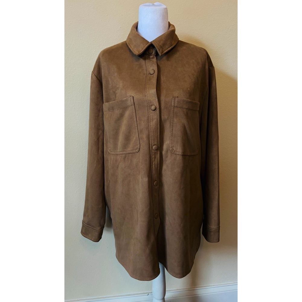 Relish Noless Unisex Tan XL Faux Suede Shacket Pockets-Covered Snaps